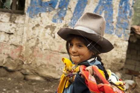 Fair Trade Photo Activity, Clothing, Colour image, Dailylife, Hat, Horizontal, Looking away, Multi-coloured, One girl, Outdoor, People, Peru, Portrait headshot, Rural, Sombrero, South America, Traditional clothing, Travel