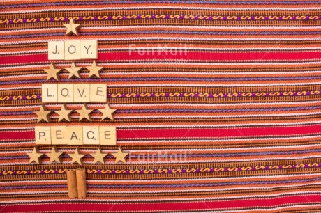 Fair Trade Photo Christmas, Christmas decoration, Christmas tree, Emotions, Joy, Letter, Love, Object, Peace, Peruvian fabric, Star, Text, Values