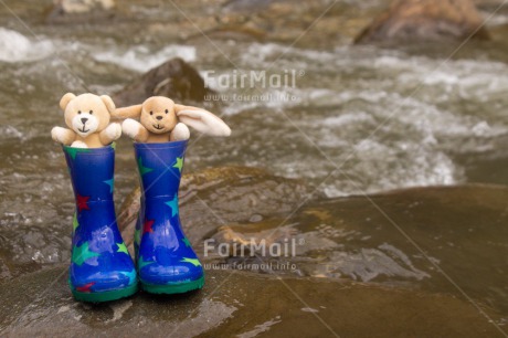 Fair Trade Photo Animals, Bear, Blue, Boot, Colour image, Horizontal, Multi-coloured, Outdoor, Peru, Rabbit, Rain, River, Shoe, South America, Star, Stone, Water