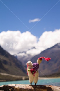 Fair Trade Photo Activity, Animals, Colour image, Day, Lake, Llama, Mountain, Nature, Outdoor, Peru, South America, Toy, Travel, Travelling, Vertical