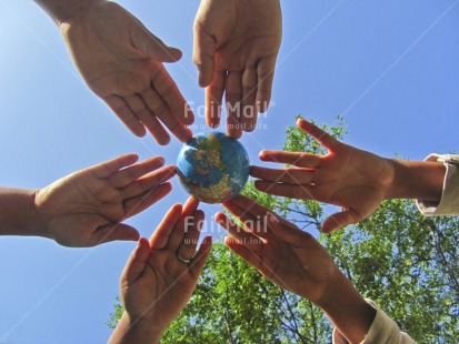 Fair Trade Photo Care, Colour image, Cooperation, Day, Earth, Environment, Globe, Group of children, Hand, Horizontal, Outdoor, People, Peru, Responsibility, Seasons, Sky, South America, Summer, Sustainability, Values, World