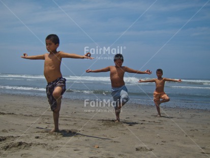 Fair Trade Photo 5 -10 years, Activity, Beach, Colour image, Day, Friendship, Group of boys, Horizontal, Latin, Outdoor, People, Peru, Sea, South America, Summer, Together, Water, Yoga