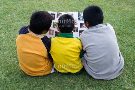 Fair Trade Photo 5 -10 years, Activity, Book, Casual clothing, Clothing, Colour image, Cooperation, Dailylife, Day, Education, Grass, Group of boys, Looking away, Outdoor, People, Peru, Portrait fullbody, Reading, South America, Streetlife, Together