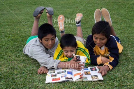 Fair Trade Photo 5 -10 years, Activity, Book, Casual clothing, Clothing, Colour image, Cooperation, Dailylife, Day, Education, Grass, Group of boys, Looking away, Outdoor, People, Peru, Portrait fullbody, Reading, South America, Streetlife, Together