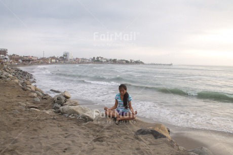 Fair Trade Photo Activity, Beach, Colour image, Health, Horizontal, Meditating, One girl, Outdoor, Peace, People, Peru, Scenic, Sea, South America, Wellness, Yoga