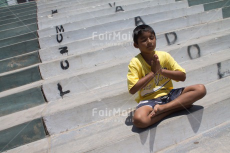 Fair Trade Photo Activity, Colour image, Health, Horizontal, Meditating, One boy, Outdoor, Peace, People, Peru, South America, Stairs, Urban, Wellness, Yoga