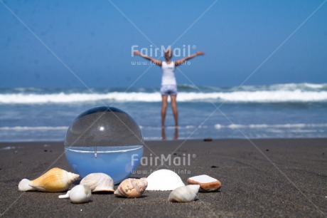 Fair Trade Photo Artistique, Beach, Colour image, Emotions, Freedom, Happiness, Horizontal, One woman, People, Peru, Sea, Shell, South America, Summer, Transparent, Water, Wellness