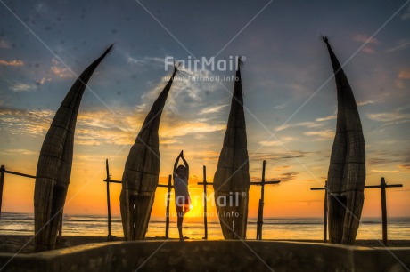 Fair Trade Photo Balance, Colour image, Evening, Fishing boat, Horizontal, Huanchaco, One girl, Outdoor, Peace, People, Peru, Sky, South America, Spirituality, Wellness, Yoga, Youth