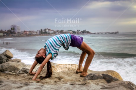 Fair Trade Photo Balance, Beach, Colour image, Evening, Horizontal, One girl, Outdoor, Peace, People, Sea, Seasons, Sky, Spirituality, Summer, Wellness, Yoga, Youth