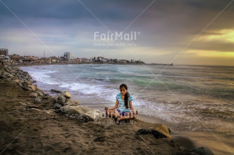 Fair Trade Photo Balance, Beach, Colour image, Evening, Horizontal, One girl, Outdoor, Peace, People, Sea, Seasons, Sky, Spirituality, Summer, Wellness, Yoga, Youth