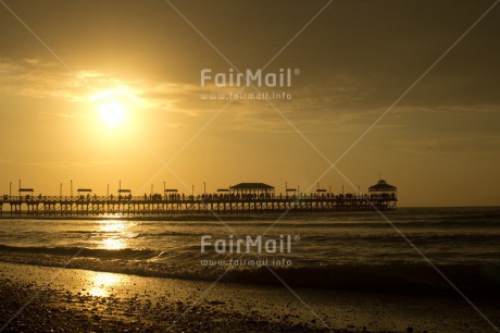 Fair Trade Photo Beach, Bridge, Coastal, Colour image, Evening, Horizontal, Huanchaco, Ocean, Outdoor, Peru, Sea, South America, Sunset, Water