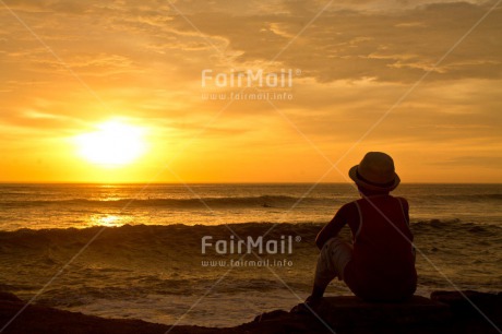 Fair Trade Photo Activity, Beach, Colour image, Colourful, Evening, Horizontal, Light, Looking, Looking away, Meditating, One person, Outdoor, People, Peru, Relax, Relaxing, Sea, Shooting style, Silhouette, Sitting, Sky, South America, Sun, Sunset