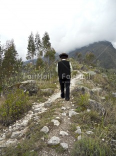 Fair Trade Photo Activity, Clothing, Colour image, Condolence-Sympathy, Dailylife, Emotions, Nature, One man, Outdoor, People, Peru, Portrait fullbody, Reflection, Rural, Scenic, Sombrero, South America, Spirituality, Traditional clothing, Vertical, Walking
