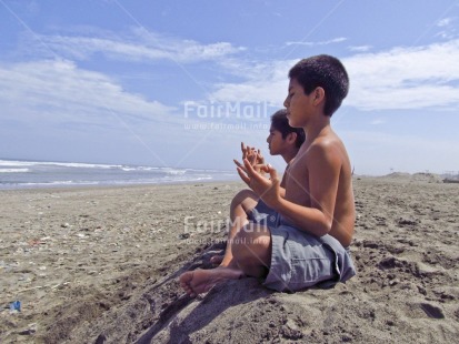 Fair Trade Photo Activity, Beach, Colour image, Friendship, Horizontal, Outdoor, Peace, People, Peru, Portrait fullbody, Relaxing, Sand, Sea, Sitting, South America, Spirituality, Together, Two boys, Wellness, Yoga