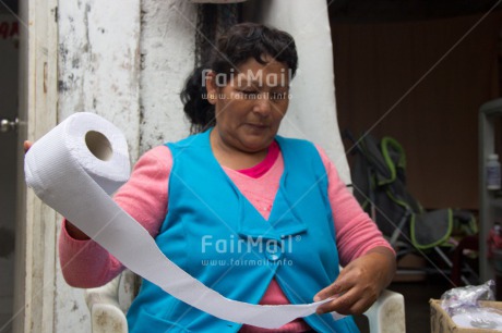 Fair Trade Photo 40-45 years, Activity, Casual clothing, Clothing, Colour image, Dailylife, Entrepreneurship, Horizontal, Latin, Looking away, Market, One woman, People, Peru, Portrait halfbody, South America, Toilet