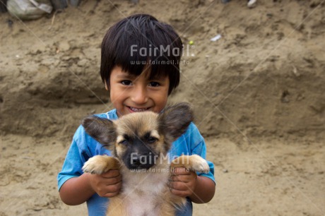 Fair Trade Photo Animals, Care, Colour image, Cute, Day, Friendship, Love, One boy, One dog, Outdoor, People, Peru, Puppy, South America