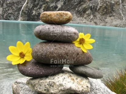 Fair Trade Photo Balance, Colour image, Flower, Focus on foreground, Horizontal, Lake, Multi-coloured, Nature, Outdoor, Peru, Religion, South America, Spirituality, Stone, Tabletop, Waterfall, Wellness, Yellow