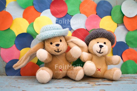 Fair Trade Photo Activity, Animals, Bear, Birthday, Celebrating, Clothing, Colour image, Friendship, Hat, Horizontal, Multi-coloured, Peru, Rabbit, South America, Toy, Two