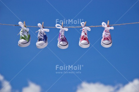 Fair Trade Photo Blue, Colour image, Colourful, Friendship, Hanging, Love, Multi-coloured, Outdoor, Peru, Shoe, Sky, South America, Together, Valentines day, Wood