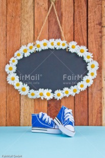 Fair Trade Photo Birth, Blackboard, Blue, Boy, Colour image, Daisy, Flower, New baby, People, Peru, Shoe, South America, Vertical, Wood