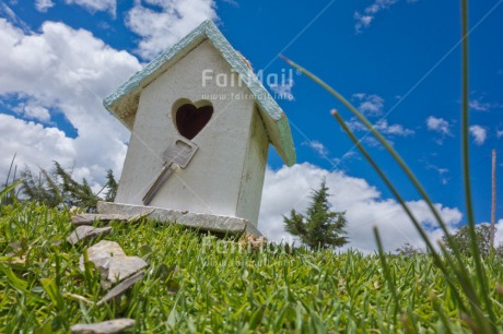 Fair Trade Photo Birdhouse, Clouds, Day, Grass, Heart, Horizontal, House, Key, Love, New home, Outdoor, Rural, Sky