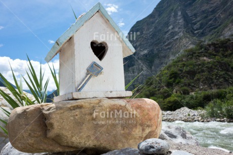 Fair Trade Photo Birdhouse, Blue, Closeup, Clouds, Heart, Horizontal, House, Key, Love, Marriage, New home, River, Rural, Sky, Stone, Water, Wedding, White