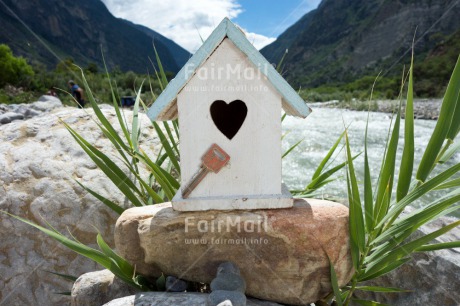 Fair Trade Photo Birdhouse, Blue, Closeup, Clouds, Heart, Horizontal, House, Key, Love, Marriage, New home, River, Rural, Sky, Stone, Water, Wedding, White