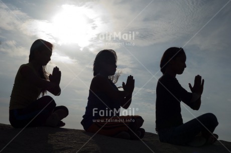 Fair Trade Photo Activity, Backlit, Clouds, Colour image, Evening, Friendship, Group of girls, Horizontal, Meditating, Outdoor, People, Peru, Silhouette, Sky, South America, Together, Yoga