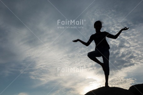 Fair Trade Photo Activity, Backlit, Clouds, Colour image, Evening, Horizontal, One girl, Outdoor, People, Peru, Silhouette, Sky, South America, Yoga