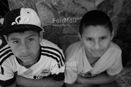 Fair Trade Photo 5 -10 years, Activity, Black and white, Casual clothing, Clothing, Day, Friendship, High angle view, Latin, Looking at camera, Outdoor, People, Peru, Portrait halfbody, South America, Streetlife, Two boys