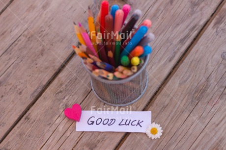 Fair Trade Photo Business, Colour image, Crayon, Daisy, Desk, Exams, Flower, Good luck, Heart, Horizontal, Multi-coloured, Office, Peru, Pink, School, South America, Table, Text, Wood