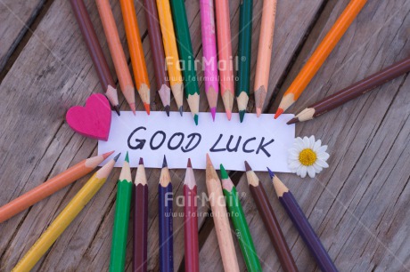 Fair Trade Photo Business, Colour image, Crayon, Daisy, Desk, Exams, Flower, Good luck, Heart, Horizontal, Multi-coloured, Office, Peru, Pink, School, South America, Table, Text, Wood