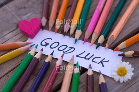 Fair Trade Photo Business, Colour image, Crayon, Daisy, Desk, Exams, Flower, Good luck, Heart, Horizontal, Multi-coloured, Office, Peru, Pink, School, South America, Table, Text, Wood