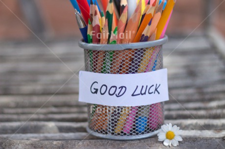 Fair Trade Photo Business, Colour image, Crayon, Daisy, Desk, Exams, Flower, Good luck, Horizontal, Multi-coloured, Office, Peru, School, South America, Table, Text, Wood