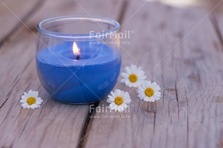 Fair Trade Photo Blue, Candle, Colour image, Condolence-Sympathy, Daisy, Flame, Flowers, Horizontal, Light, Peru, South America, Table, Wood