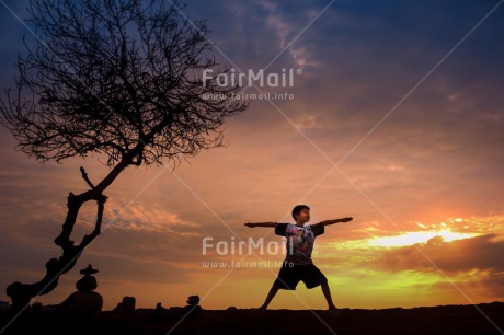 Fair Trade Photo Colour image, Evening, Health, Horizontal, One boy, Outdoor, Peace, People, Peru, Shooting style, Silhouette, South America, Tree, Wellness, Yoga