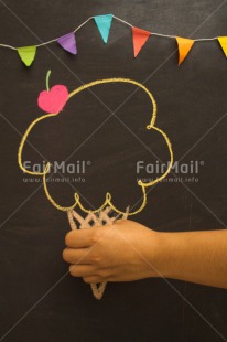 Fair Trade Photo Activity, Birthday, Blackboard, Celebrating, Chalk, Cherry, Colour image, Drawing, Food and alimentation, Hand, Ice cream, Peru, Seasons, South America, Summer, Vertical