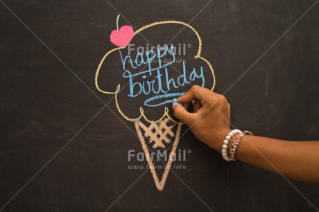 Fair Trade Photo Activity, Birthday, Blackboard, Celebrating, Chalk, Cherry, Colour image, Drawing, Food and alimentation, Hand, Horizontal, Ice cream, Peru, Seasons, South America, Summer, Text