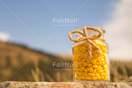Fair Trade Photo Colour image, Day, Gift, Glass, Horizontal, Nature, Outdoor, Peru, Ribbon, Rope, South America, Sweets, Thank you, Yellow