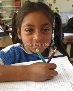 Fair Trade Photo Activity, Colour image, Day, Education, Exams, Good luck, Indoor, Looking at camera, One girl, People, Peru, Portrait headshot, School, Social issues, South America, Vertical