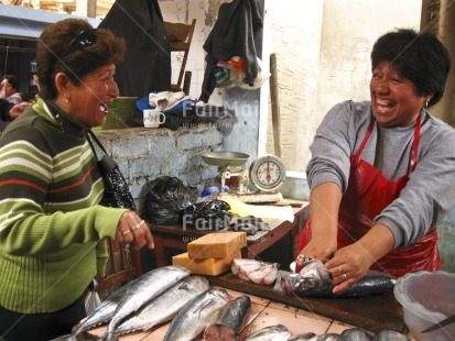 Fair Trade Photo Activity, Animals, Colour image, Dailylife, Entrepreneurship, Fish, Food and alimentation, Horizontal, Indoor, Laughing, Market, Multi-coloured, People, Peru, Portrait halfbody, Saleswoman, Selling, Smile, Smiling, South America, Streetlife, Two women, Working