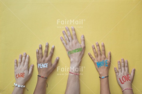 Fair Trade Photo Body, Bracelet, Colour, Colour image, Friendship, Hand, Hope, Horizontal, Letter, Love, Object, Peace, People, Peru, Place, South America, Text, Together, Tolerance, Values, Wish, Yellow