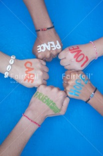 Fair Trade Photo Blue, Body, Bracelet, Colour, Colour image, Friendship, Hand, Hope, Horizontal, Letter, Love, Object, Peace, People, Peru, Place, South America, Text, Together, Tolerance, Values, Vertical, Wish