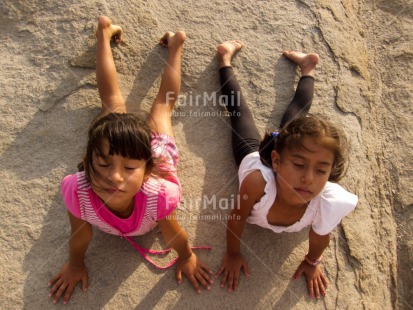 Fair Trade Photo 5 -10 years, Activity, Casual clothing, Clothing, Colour image, High angle view, Horizontal, Latin, People, Peru, South America, Two girls, Yoga