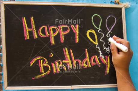 Fair Trade Photo Activity, Balloon, Birthday, Blackboard, Colour image, Hand, Horizontal, Letter, One girl, People, Peru, South America, Writing