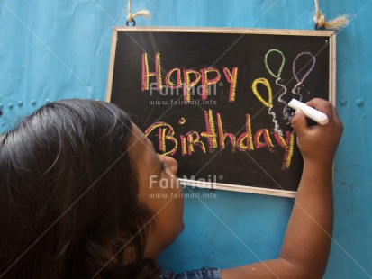 Fair Trade Photo Activity, Balloon, Birthday, Blackboard, Colour image, Hand, Horizontal, Letter, One girl, People, Peru, South America, Writing