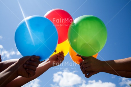 Fair Trade Photo Activity, Balloon, Birthday, Colour image, Congratulations, Cooperation, Day, Group of children, Hand, Outdoor, Party, People, Peru, Playing, Sky, South America, Summer