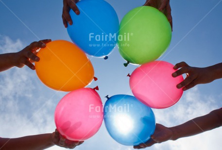 Fair Trade Photo Activity, Balloon, Birthday, Colour image, Congratulations, Cooperation, Day, Group of children, Hand, Outdoor, Party, People, Peru, Playing, Sky, South America, Summer