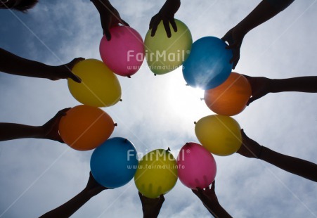 Fair Trade Photo Activity, Balloon, Birthday, Colour image, Congratulations, Cooperation, Day, Group of children, Hand, Horizontal, Outdoor, Party, People, Peru, Playing, Sky, South America, Summer