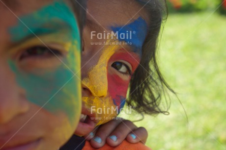 Fair Trade Photo 5 -10 years, Activity, Closeup, Decoration, Horizontal, Latin, Looking at camera, One boy, One girl, People, Peru, Playing, South America, Two children